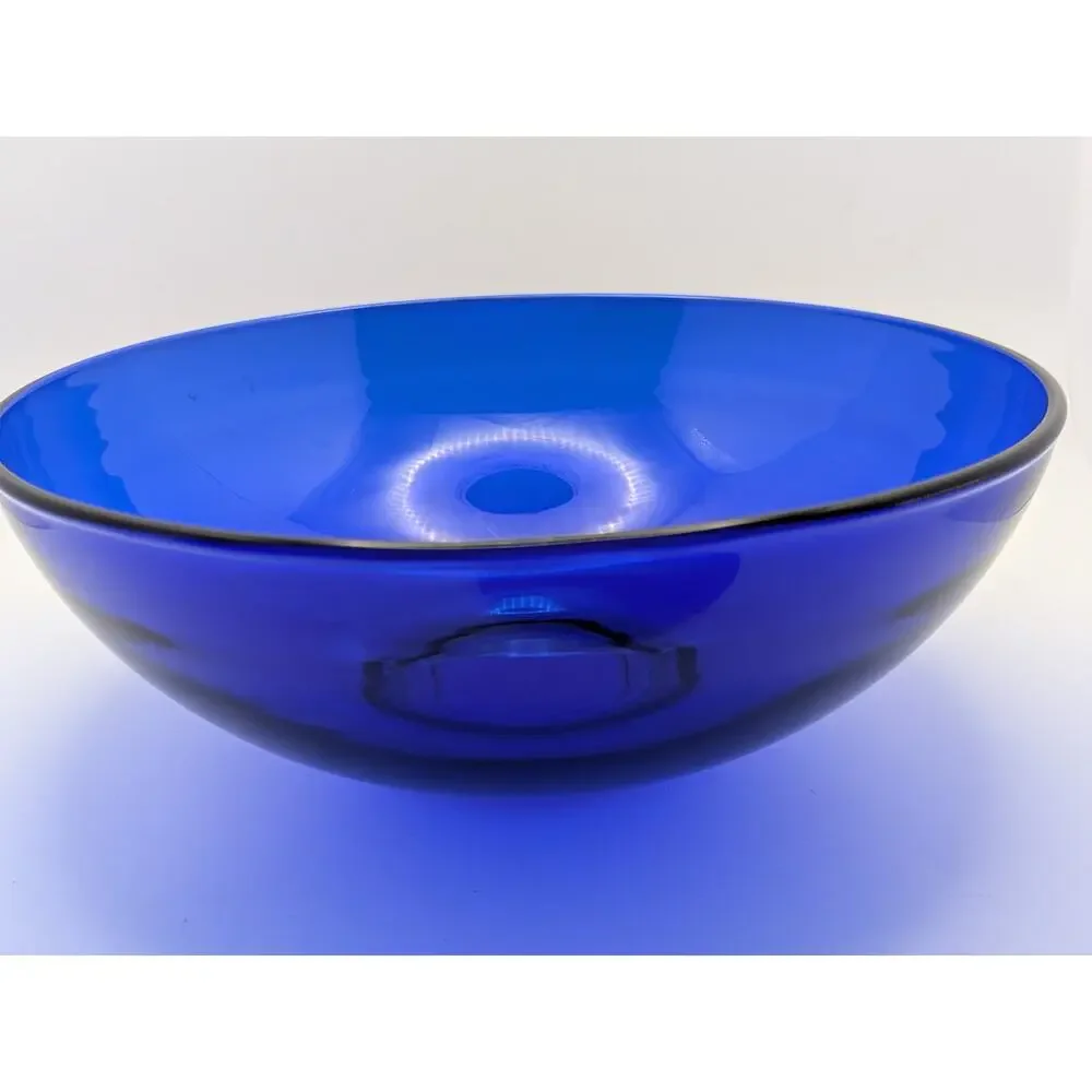 Cobalt Blue Glass Bowl 8 Inch Round 3 Inch Tall Vintage MCM Style Serving Fruit